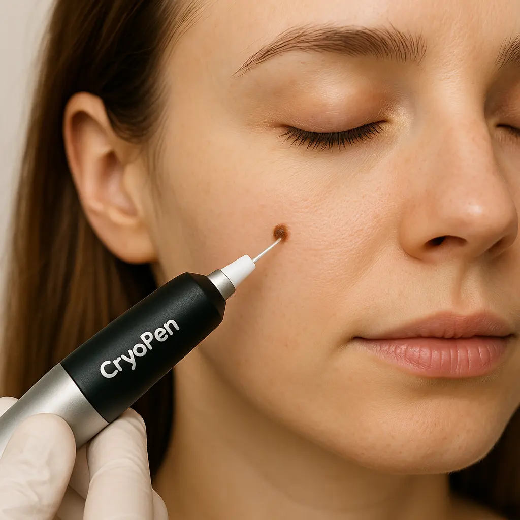 woman receiving facial mole removal Greater London (Haringey) using cryopen