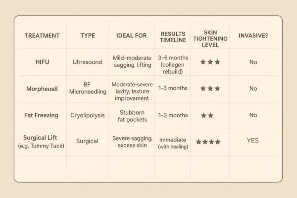 Table showing the comparisons of Skin tightening Greater London (Haringey) treatment options.